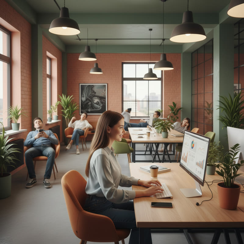An open-plan office showing engaged and disengaged workers side by side