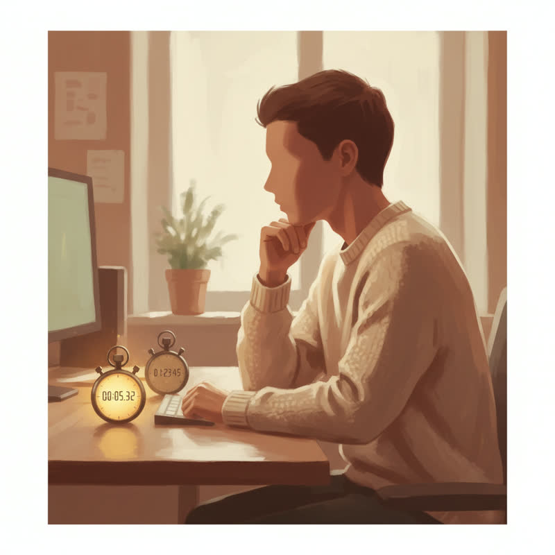 A developer staring at one glowing stopwatch while a second, dimmer stopwatch sits beside it