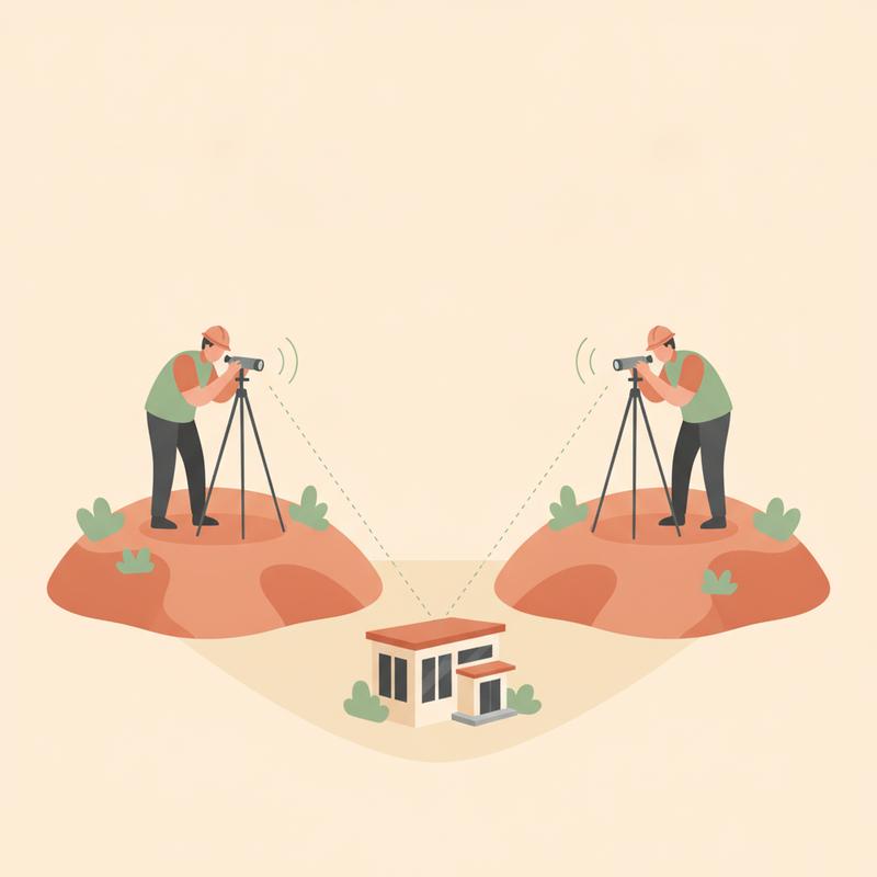Two land surveyors on separate hills, each sighting through a tripod, their lines meeting on one office building in the valley