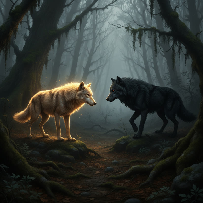 Two wolves facing each other in a misty forest -- one glowing with warm golden light, the other cloaked in shadow
