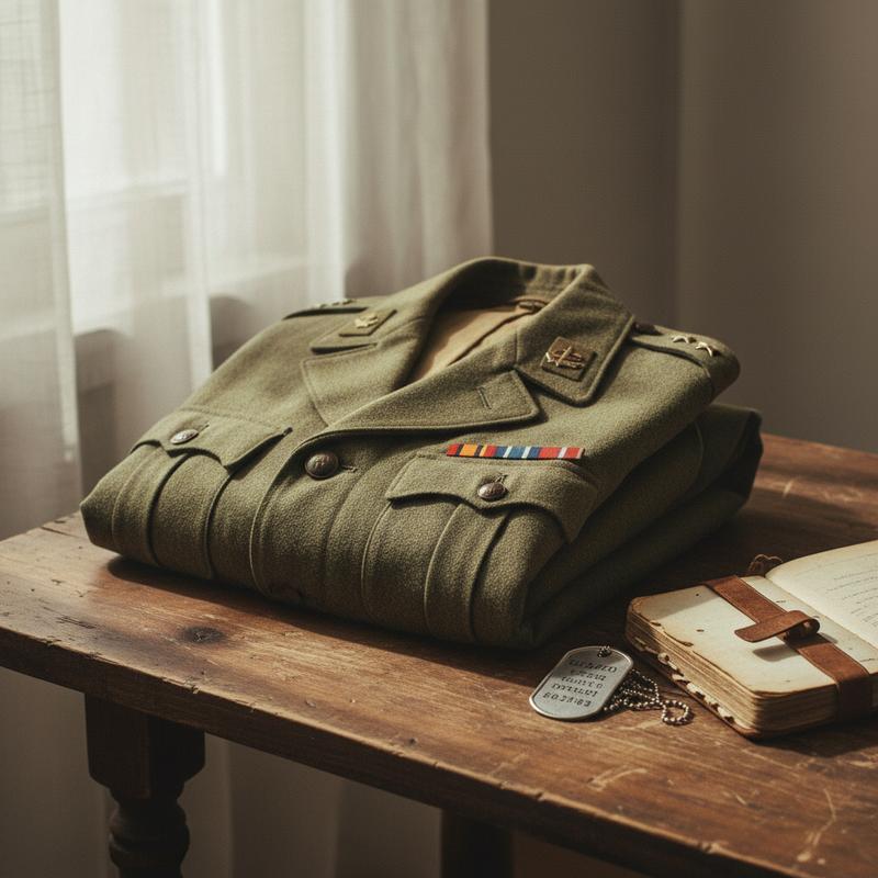 A folded military uniform on a wooden table beside a dog tag and an old leather notebook