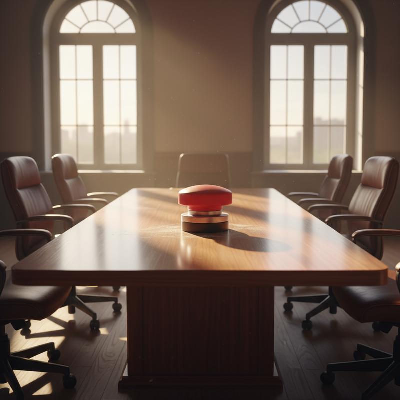 A single large red emergency stop button on a polished boardroom table, surrounded by empty chairs
