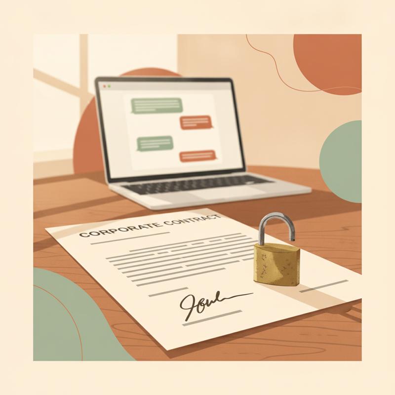 A signed corporate contract on a desk with an open padlock resting on top of it, a laptop showing a chat window behind