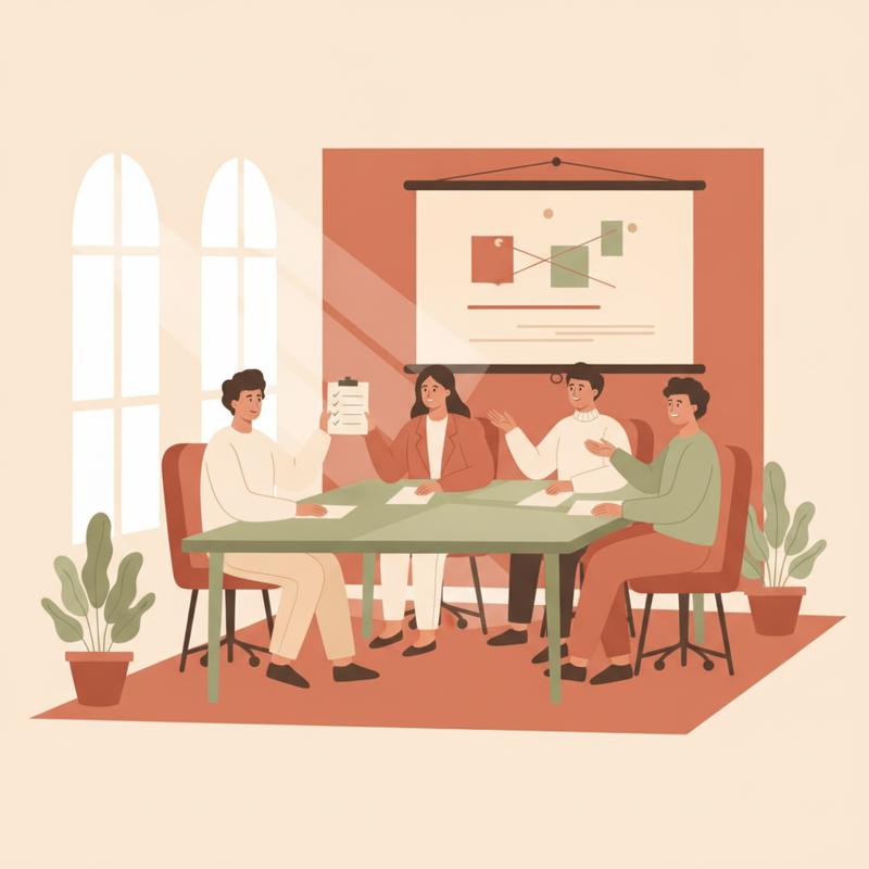 A person holding a short printed checklist across a meeting table from three vendor sales people with a product slide behind them