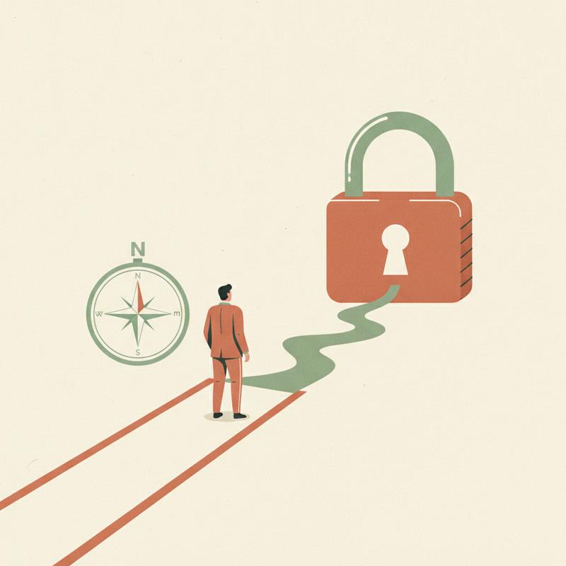 A figure at a fork in the road, one path open and clear, the other narrowing into a single giant padlock