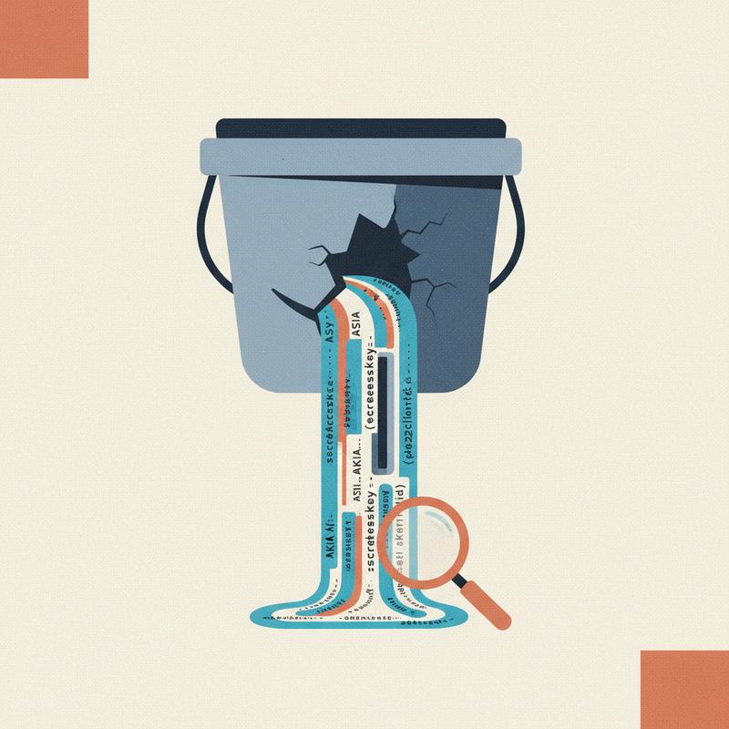 A leaking S3 bucket icon with credentials and API keys spilling out as code fragments