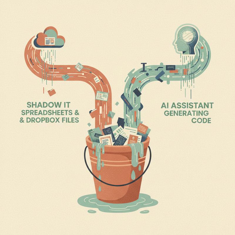 Two parallel paths showing shadow IT and AI-generated code flowing into the same overflowing bucket