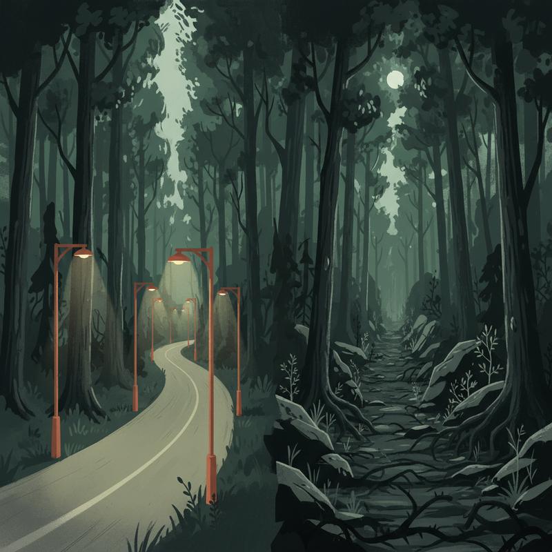 Two paths through a forest at dusk, one a smooth lit road, the other a dark rocky shortcut