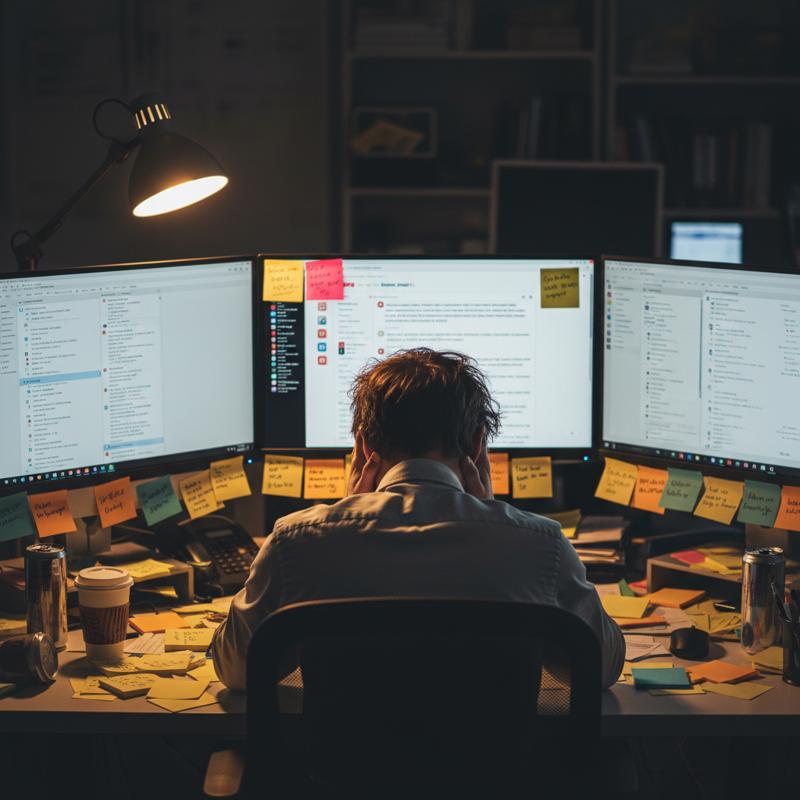 An overwhelmed worker at a cluttered desk surrounded by sticky notes and three monitors of notifications