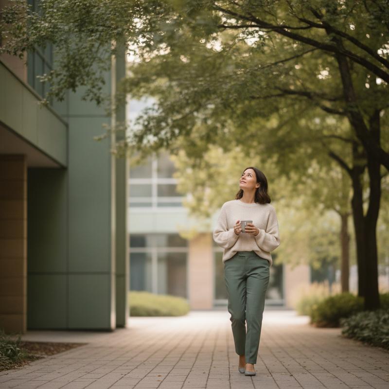 A woman walking outside an office building between meetings, holding a mug and looking up at the trees in soft morning light