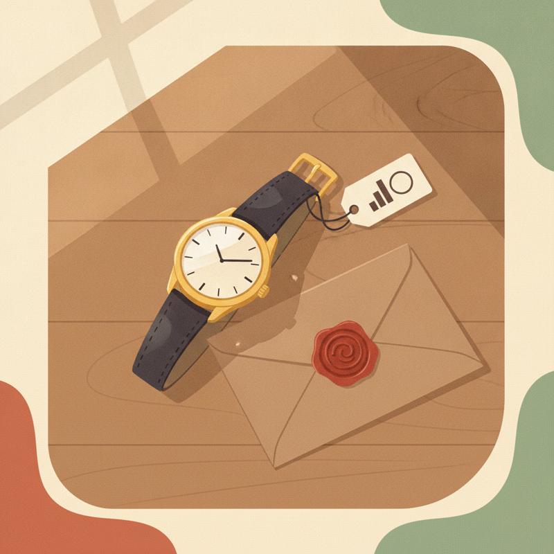 A luxury watch with a visible price tag beside a sealed salary envelope