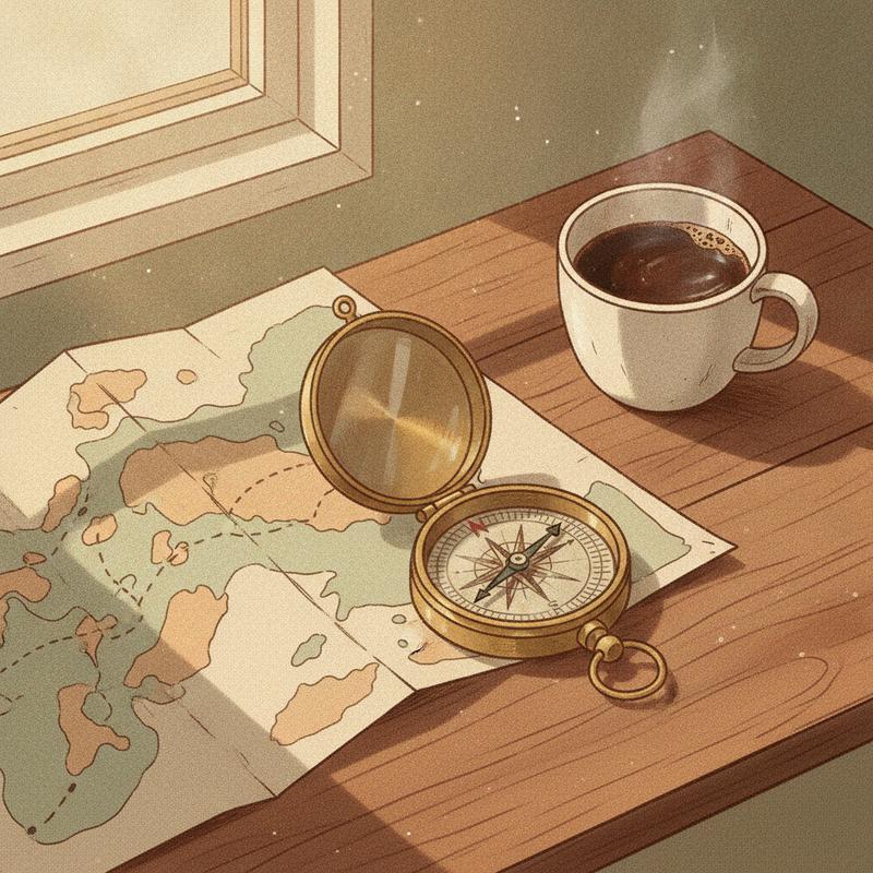 A brass compass open on a wooden desk beside a folded paper map and a mug of coffee in morning light
