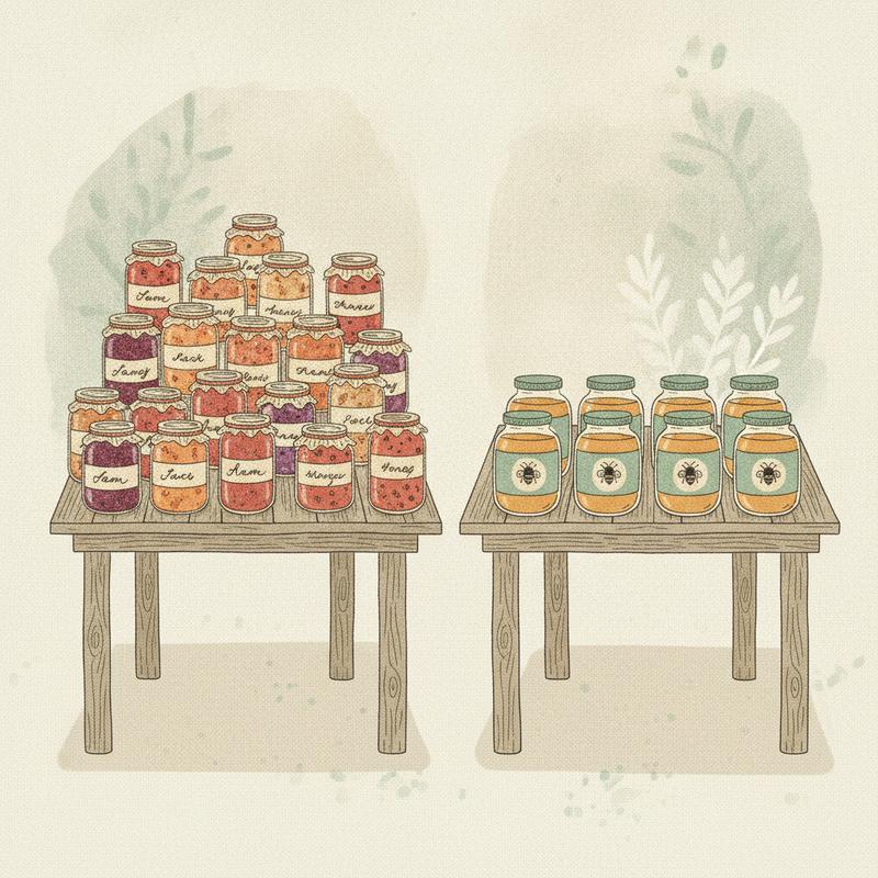 Two market tables side by side, one crowded with twenty-four jars of jam, the other holding six jars spaced calmly apart