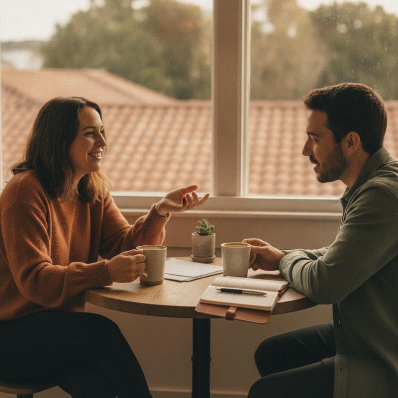 Two colleagues have a relaxed one-on-one conversation over coffee by a window, notebook open between them