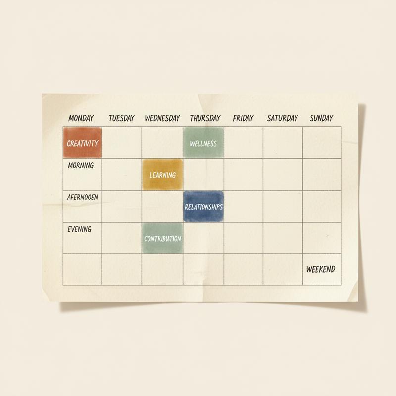 A minimalist weekly schedule grid on cream paper with five blocks shaded in different muted colors representing distinct life values and empty slots visible in evenings and weekends