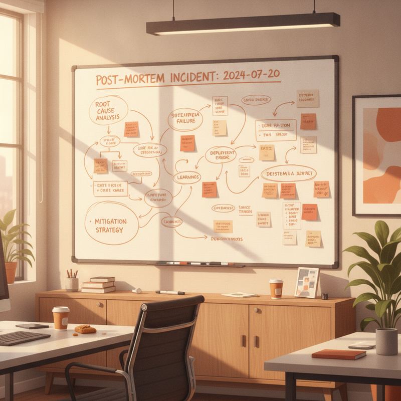 A whiteboard covered in a hand-drawn incident timeline and sticky notes in a warm, empty office