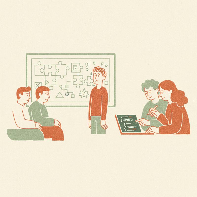 Split scene: a nervous candidate at a whiteboard covered in puzzle diagrams watched by three interviewers, beside two people working together at one laptop on real code