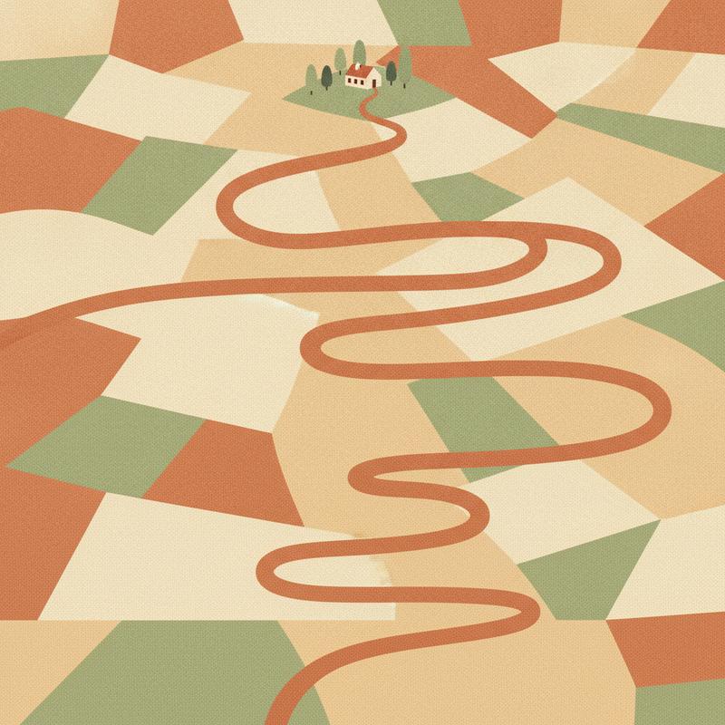An aerial view of a winding path looping and doubling back across fields toward a house on a hill