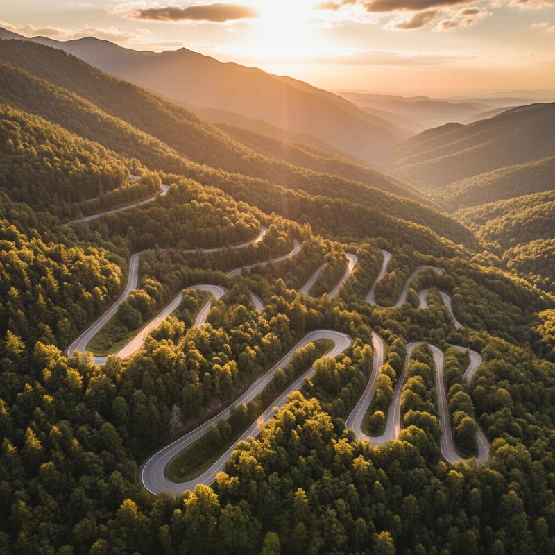 Aerial view of a winding mountain road with multiple switchbacks