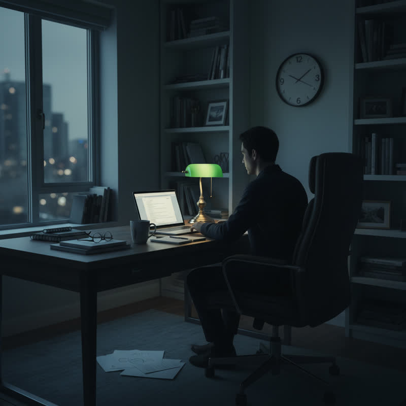 A quiet home office at night, lit only by the cold blue glow of a laptop screen, an empty mug, scattered papers, and a clock showing 11:47 PM