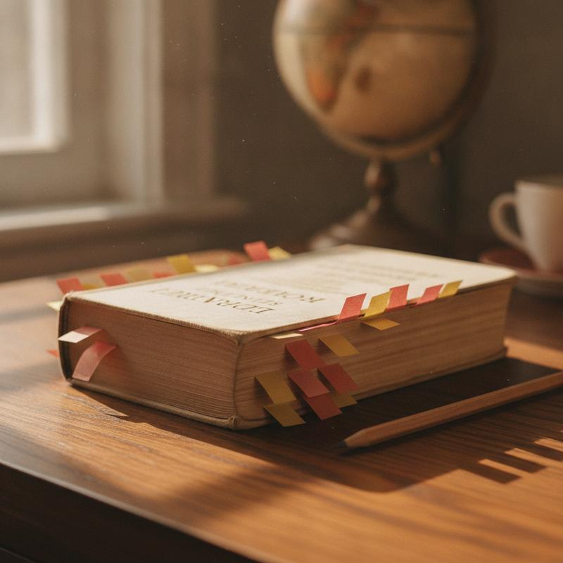 A well-worn hardback leadership book on a wooden desk, spine cracked, corners dog-eared, sticky notes bristling from the page edges
