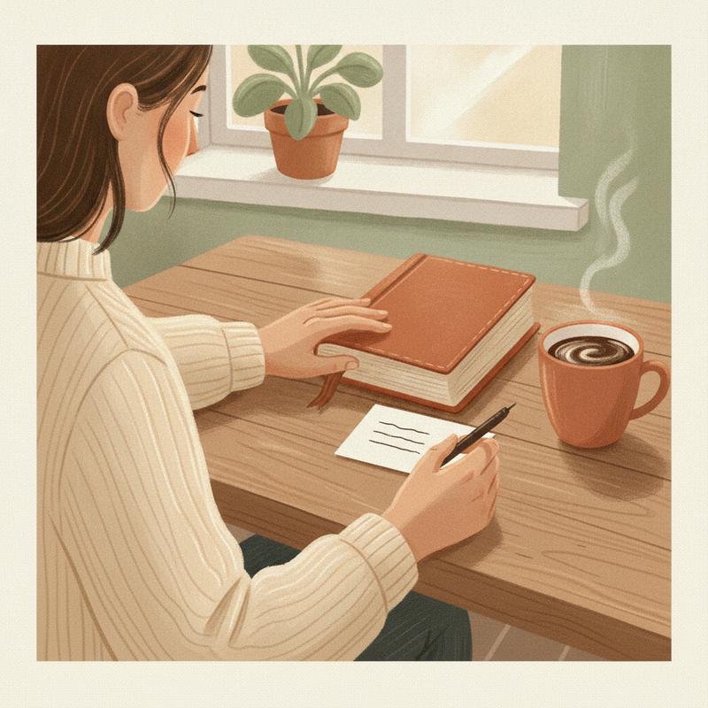 A person at a kitchen table closing a thick book and writing three short lines on a small index card