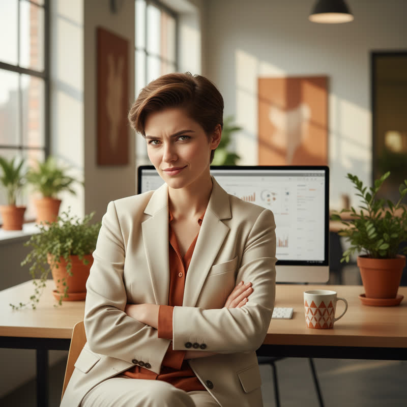 A young professional at a desk with direct, confident eye contact and a slight skeptical expression