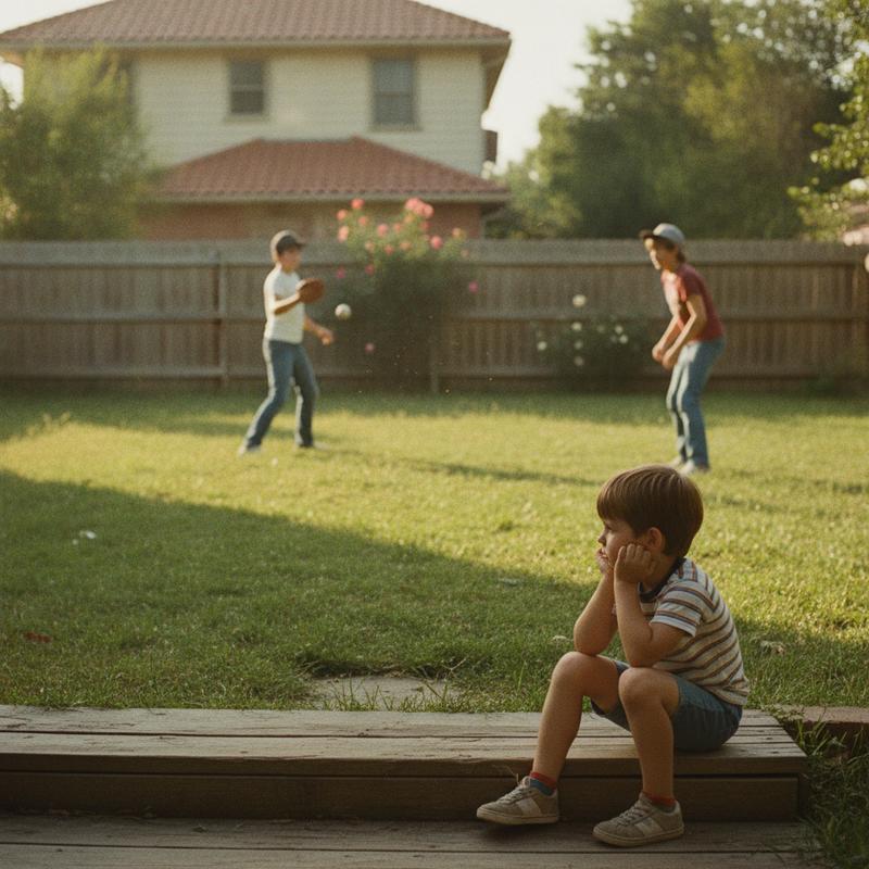 A young boy sits on a porch step, chin in his hands, studying his two older brothers as they play catch in the backyard