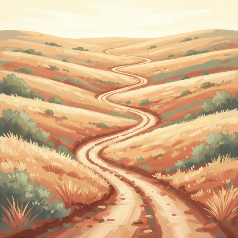 A winding dirt path forking across soft rolling hills at golden hour