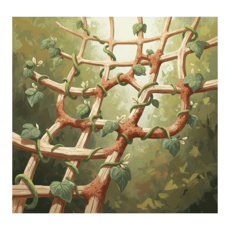 A climbing lattice with vines branching sideways and upward in many directions